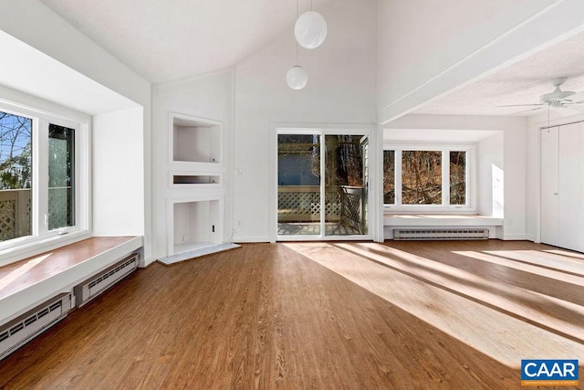 unfurnished living room featuring high vaulted ceiling, wood-type flooring, baseboard heating, and ceiling fan