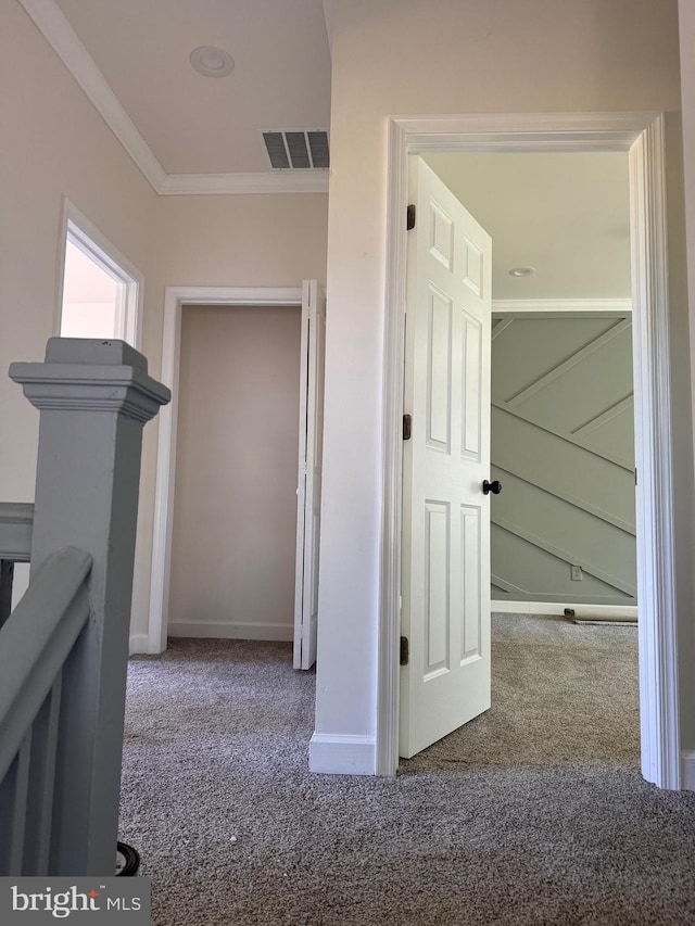 hallway featuring carpet floors and ornamental molding