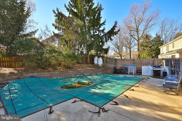 view of pool featuring a patio area and grilling area