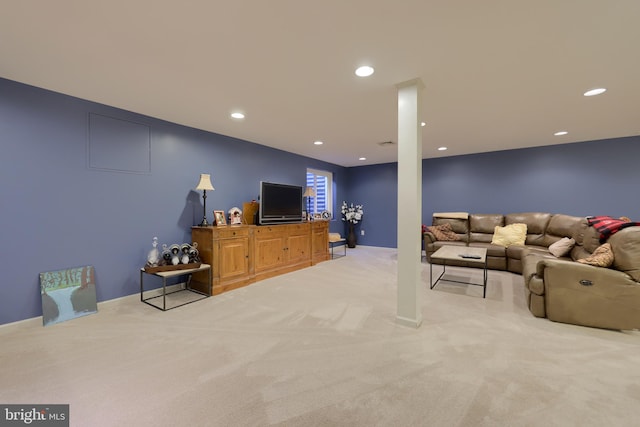 living room with light colored carpet