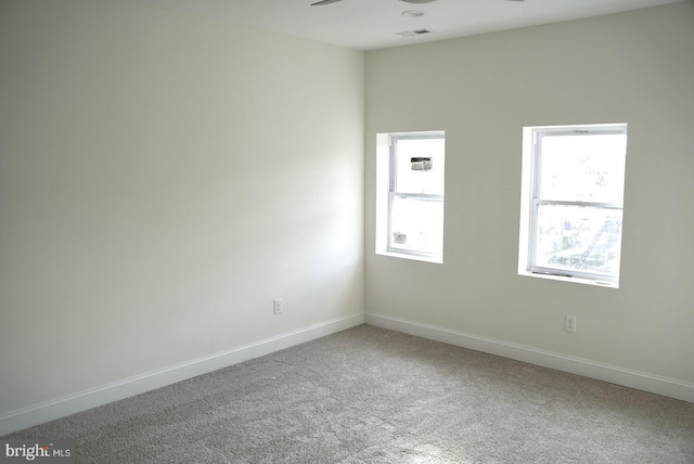 spare room featuring ceiling fan, plenty of natural light, and carpet floors