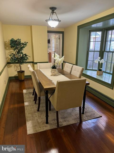 dining room featuring a baseboard radiator and dark hardwood / wood-style floors