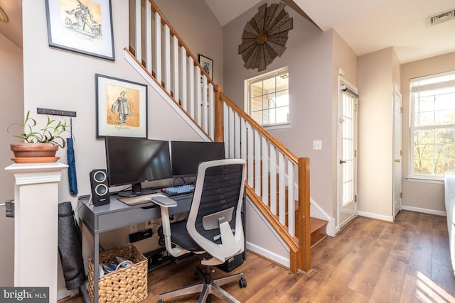 home office featuring hardwood / wood-style flooring