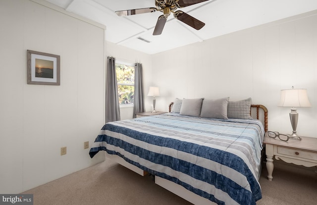 carpeted bedroom with ceiling fan