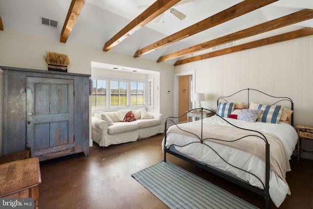 bedroom featuring beamed ceiling and ceiling fan