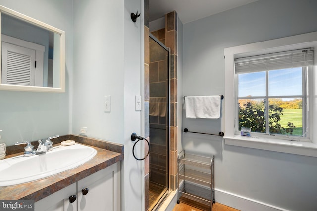 bathroom featuring vanity and a shower with shower door