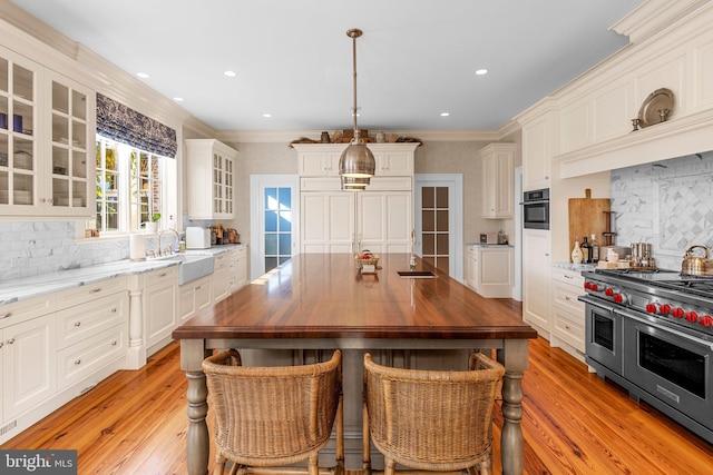 kitchen with sink, stainless steel appliances, light hardwood / wood-style flooring, crown molding, and decorative light fixtures