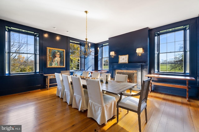 dining space with a chandelier, light hardwood / wood-style flooring, and a healthy amount of sunlight