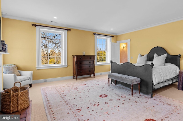 carpeted bedroom with crown molding