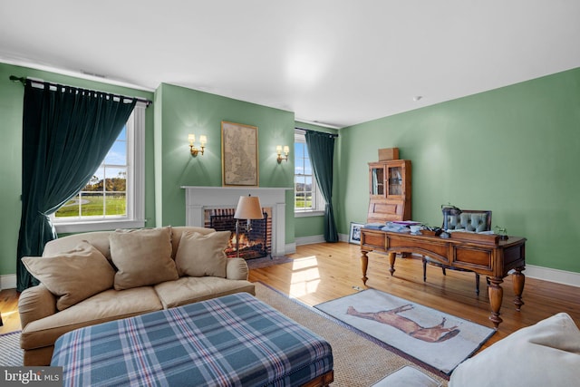 living room featuring a fireplace, light wood-type flooring, and a wealth of natural light