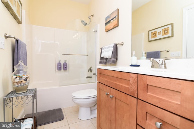 full bathroom with toilet, bathtub / shower combination, vanity, and tile patterned floors