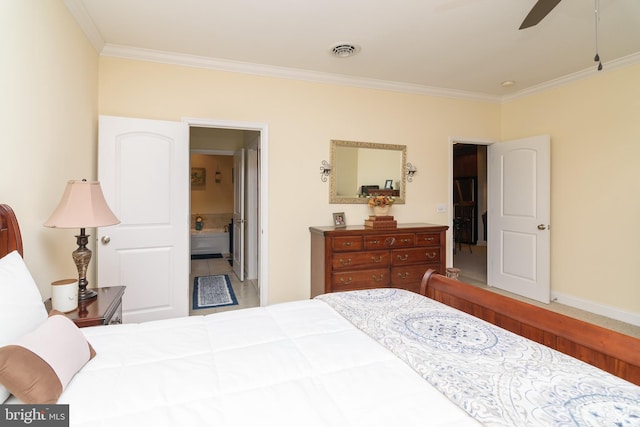 bedroom featuring ceiling fan and crown molding