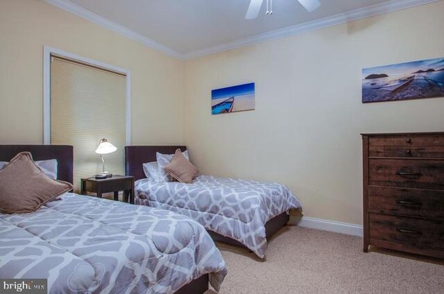 carpeted bedroom featuring ceiling fan and crown molding