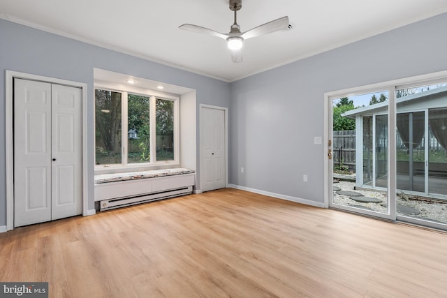 unfurnished bedroom with a baseboard radiator, ornamental molding, access to outside, and light hardwood / wood-style floors