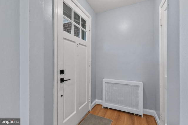 doorway to outside with radiator heating unit and light hardwood / wood-style flooring