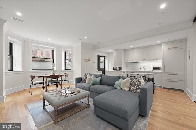 living room featuring ornamental molding and light hardwood / wood-style floors