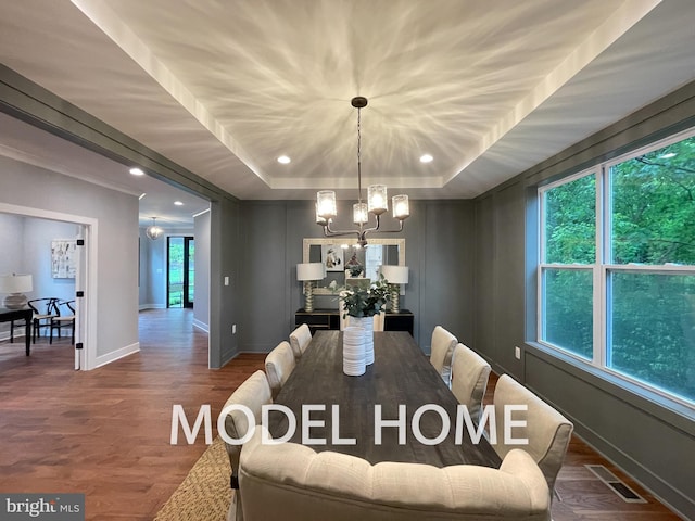 dining space with hardwood / wood-style floors, a raised ceiling, a notable chandelier, and a healthy amount of sunlight