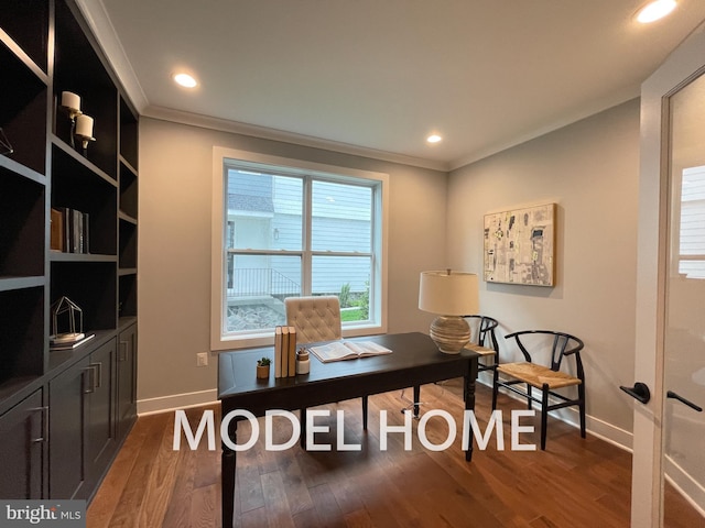 office space featuring ornamental molding and dark hardwood / wood-style flooring