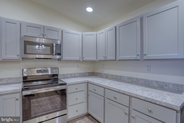 kitchen with stainless steel appliances and lofted ceiling