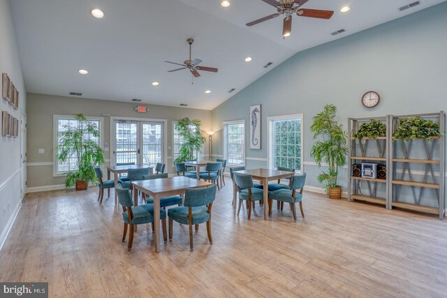5003 E Pebble Ln Unit J, Milford, DE 19963 - dining space with ceiling fan, light wood-style flooring, recessed lighting, baseboards, and high vaulted ceiling