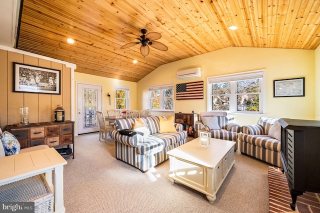 carpeted living room with an AC wall unit, vaulted ceiling, wood ceiling, and ceiling fan