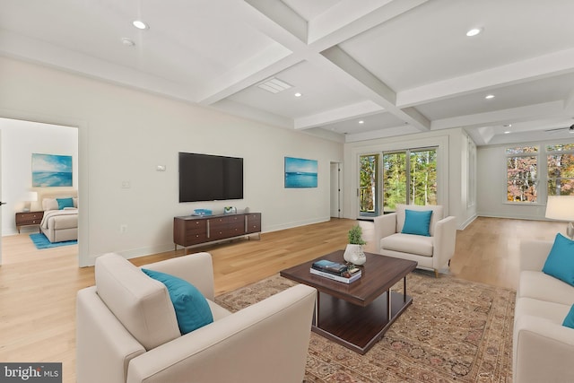 living room featuring coffered ceiling, beam ceiling, and light wood-type flooring