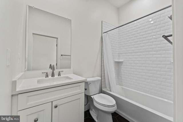 full bathroom with vanity, shower / bathtub combination with curtain, and toilet