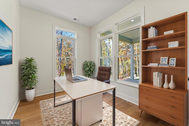 office with a wealth of natural light and light wood-type flooring