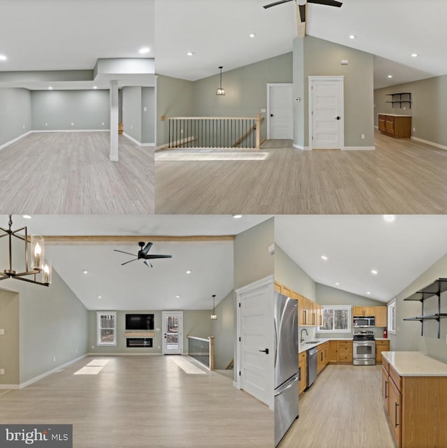 178 Devonshire Rd, Hedgesville, WV 25427 - unfurnished living room featuring a ceiling fan, lofted ceiling, light wood-style floors, a sink, and baseboards