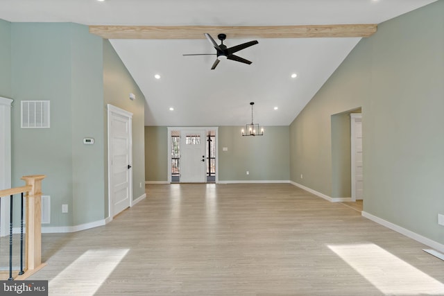 unfurnished living room with light hardwood / wood-style flooring, ceiling fan with notable chandelier, beam ceiling, and high vaulted ceiling