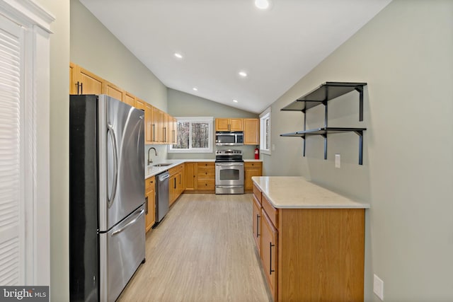 kitchen featuring sink, appliances with stainless steel finishes, lofted ceiling, and light hardwood / wood-style floors