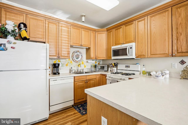 kitchen with light wood-type flooring, white appliances, and sink