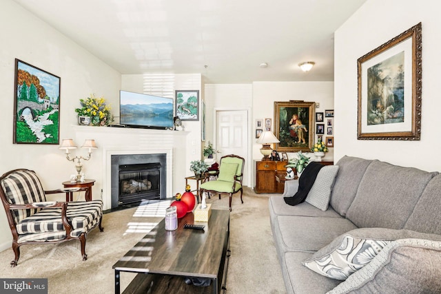 living room featuring light carpet