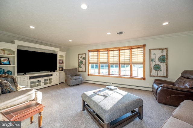 carpeted living room featuring a baseboard radiator and crown molding