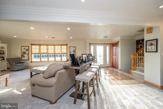 living room featuring light carpet and crown molding