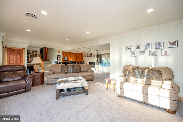 carpeted living room with a textured ceiling and crown molding