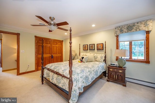 bedroom with ceiling fan, light carpet, baseboard heating, and crown molding