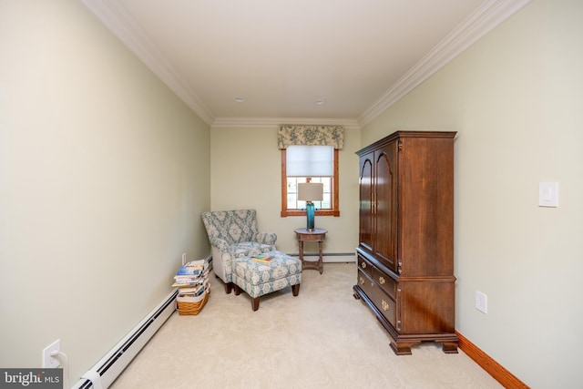 sitting room with light colored carpet, crown molding, and a baseboard heating unit