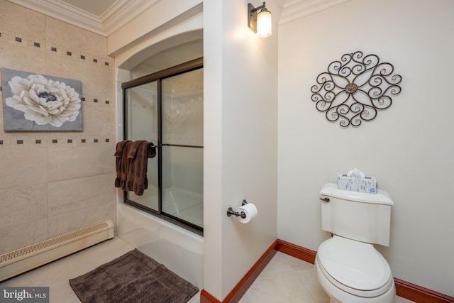 bathroom with tile patterned flooring, ornamental molding, enclosed tub / shower combo, baseboard heating, and toilet