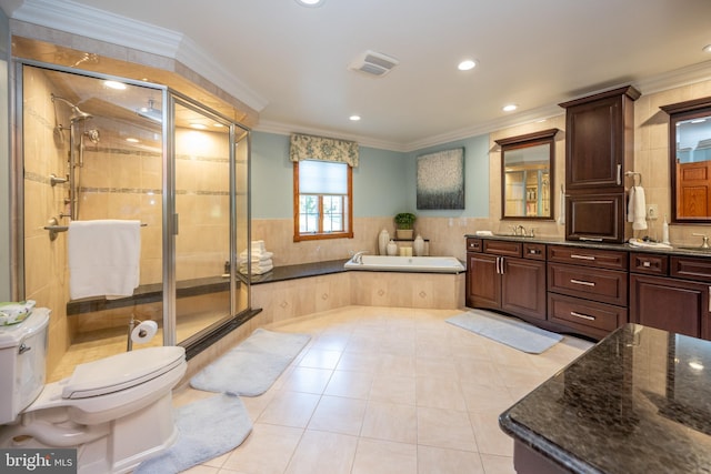 full bathroom featuring separate shower and tub, crown molding, vanity, tile patterned flooring, and toilet