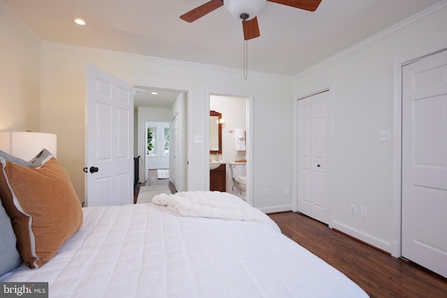 2009 Hillyer Pl NW, Washington, DC 20009 - bedroom with ornamental molding, dark wood finished floors, connected bathroom, recessed lighting, and a ceiling fan