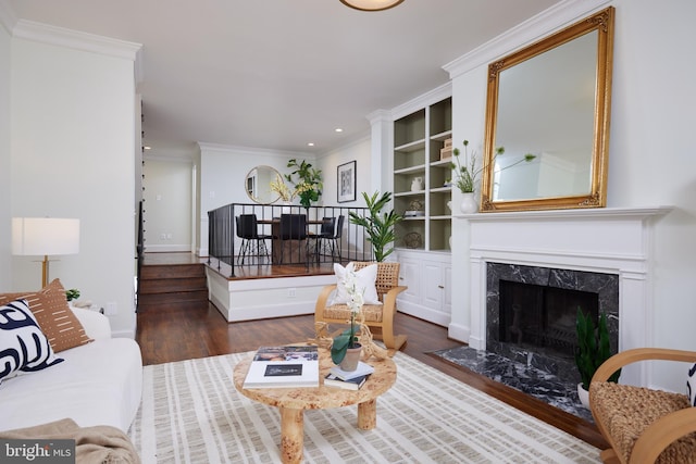 2009 Hillyer Pl NW, Washington, DC 20009 - living room with wood finished floors, crown molding, a premium fireplace, and recessed lighting