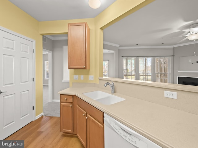 kitchen with ceiling fan, dishwasher, sink, ornamental molding, and light wood-type flooring