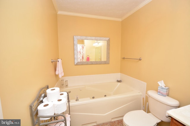 bathroom featuring toilet, a textured ceiling, ornamental molding, a bathing tub, and vanity