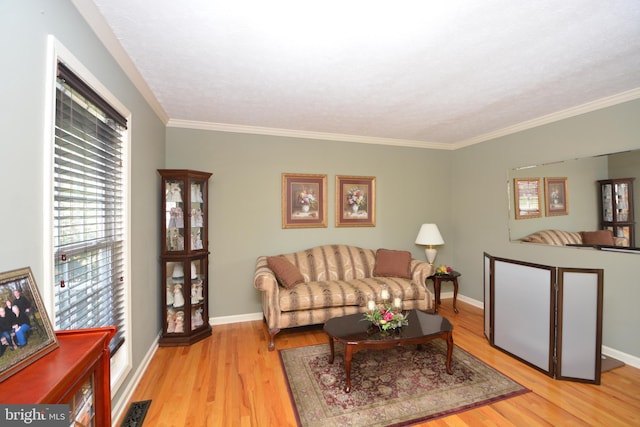 living room featuring light hardwood / wood-style flooring and crown molding