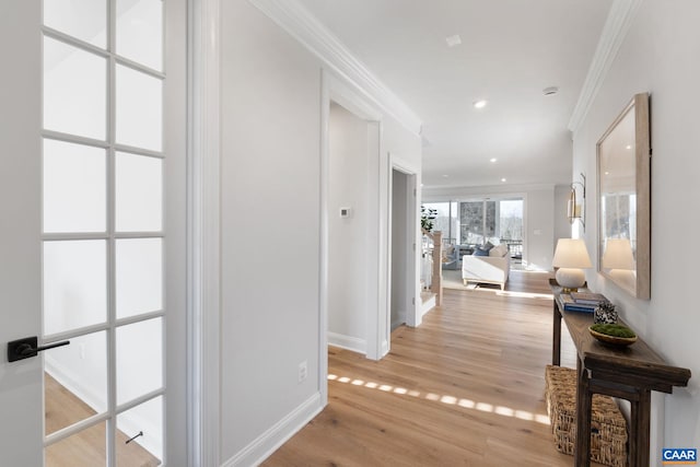 hall featuring ornamental molding and light hardwood / wood-style flooring