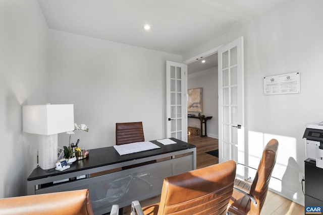 office featuring wood-type flooring and french doors