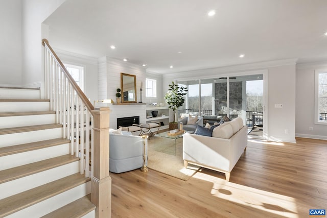 living room with light hardwood / wood-style floors, a healthy amount of sunlight, a large fireplace, and crown molding