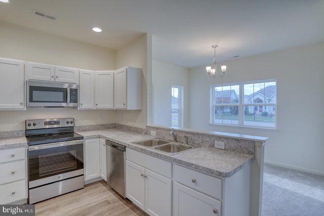 kitchen with stainless steel appliances, white cabinets, kitchen peninsula, sink, and pendant lighting