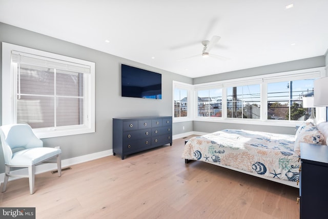 bedroom featuring ceiling fan and light hardwood / wood-style floors